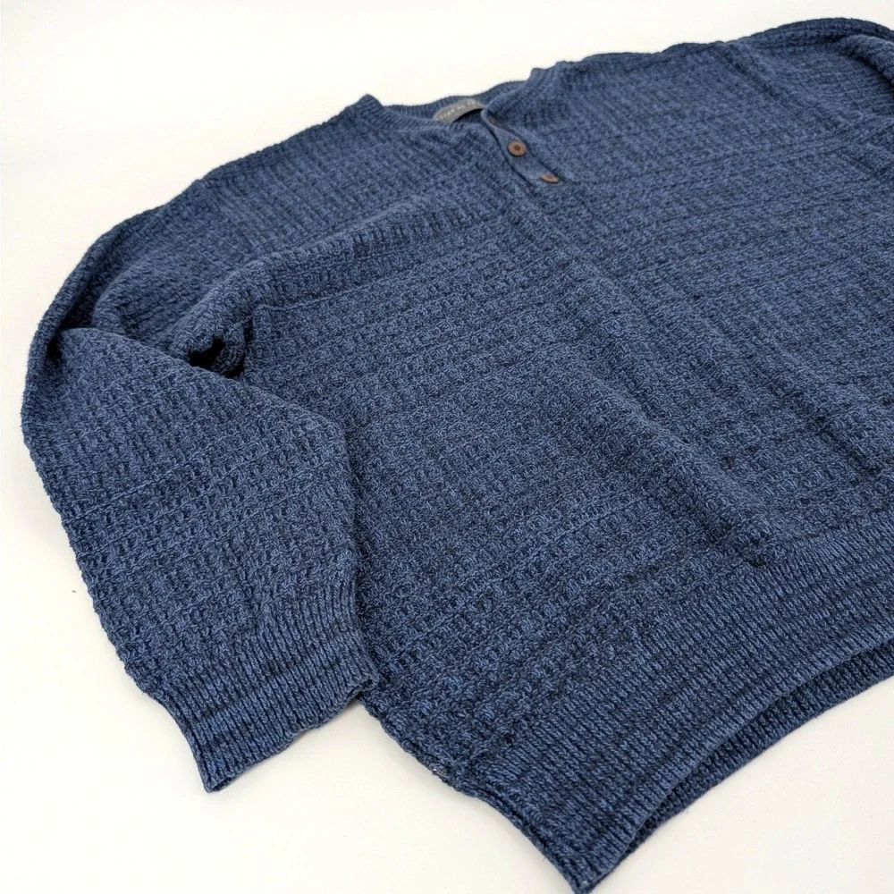 Oscar de la Renta Henley Sweater Blue Waffle Knit Cotton Blend XL